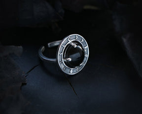 fully adjustable silver ring with obsidian