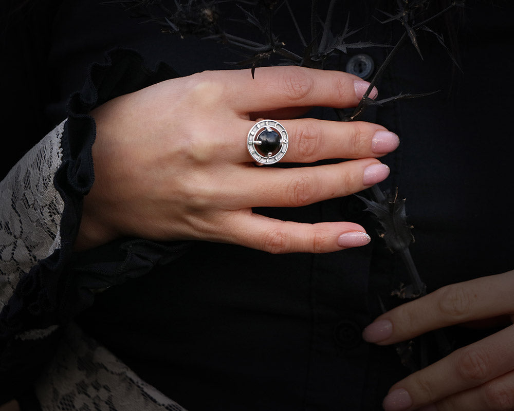 moon phases ring with obsidian