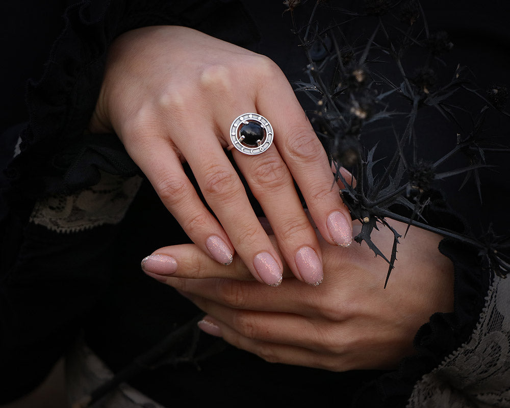 Moon Phases ring with Obsidian