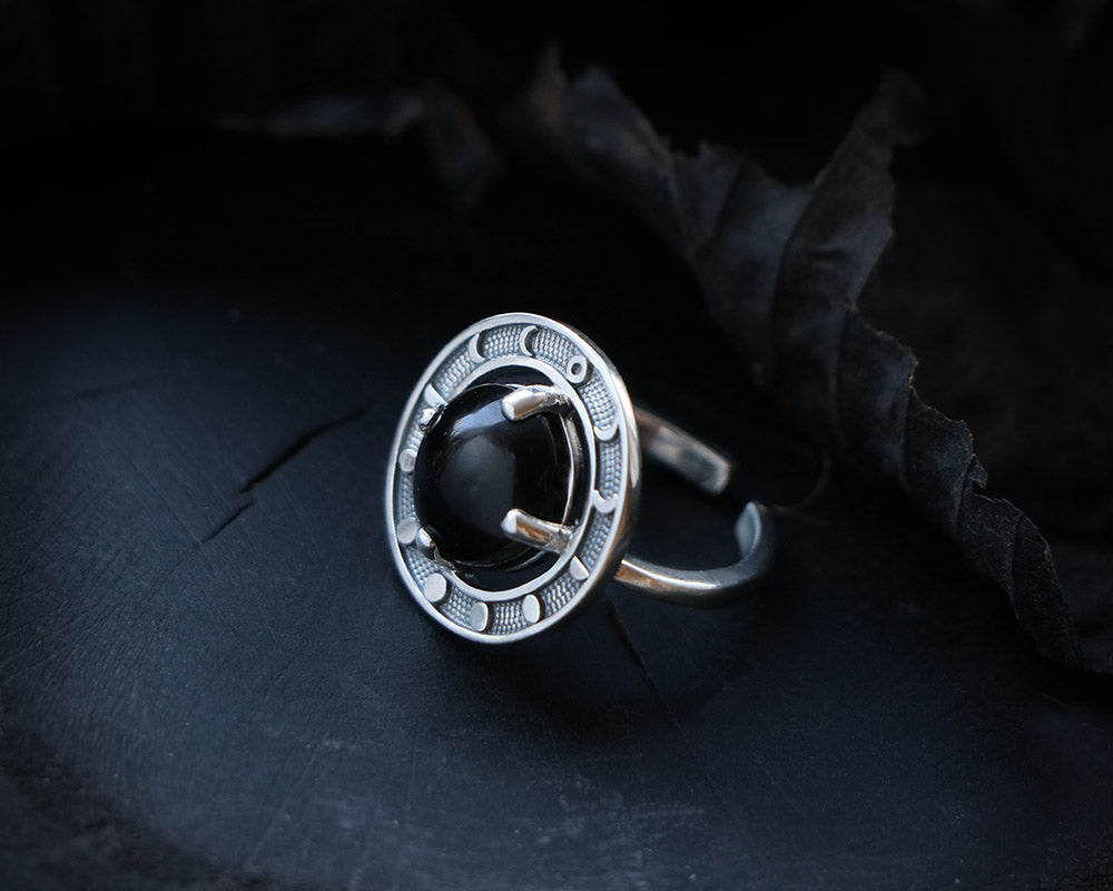 Adjustable Moon Phases Silver ring with black obsidian