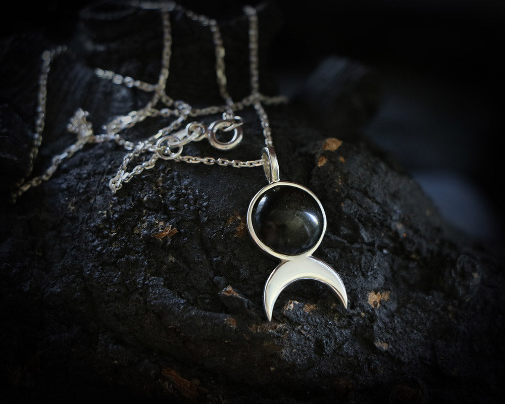Silver moon necklace with obsidian