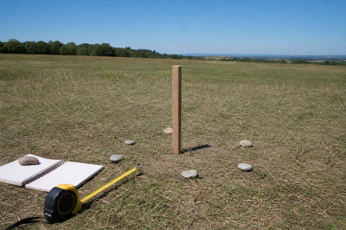 Wooden gnomon casting a short midday shadow in a field at midsummer