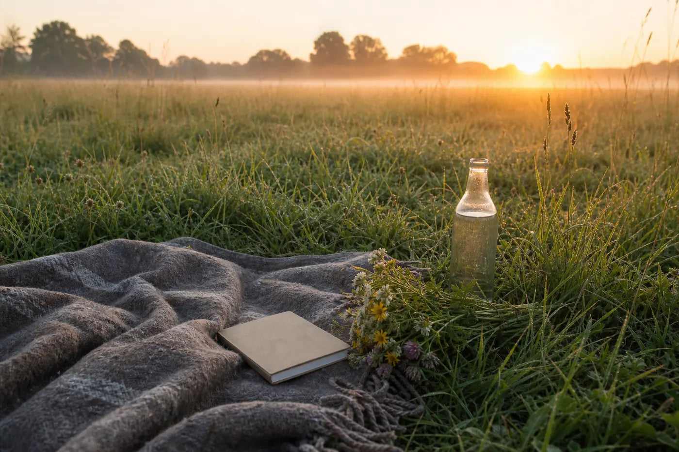 Blanket, water and notebook prepared for watching a midsummer sunrise