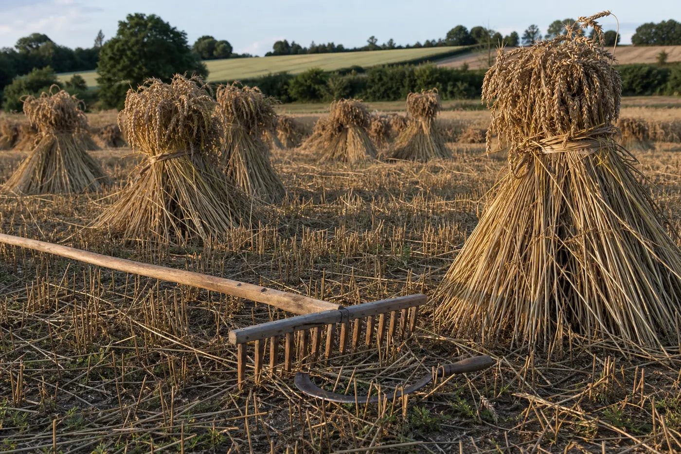 Traditional grain sheaves and hand tools in a late-summer field