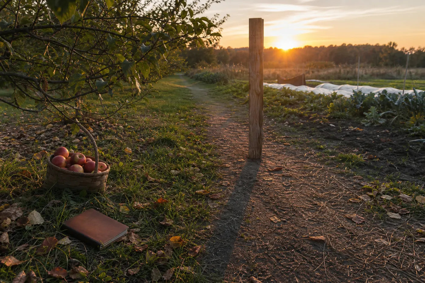 Wooden shadow marker beside an orchard at the autumn equinox